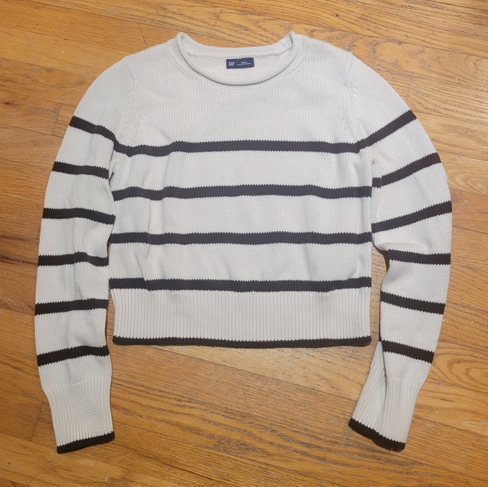 Gap Shrunken Roll Neck Sweater - Off White And Brown Stripe - Picture 2 of 3